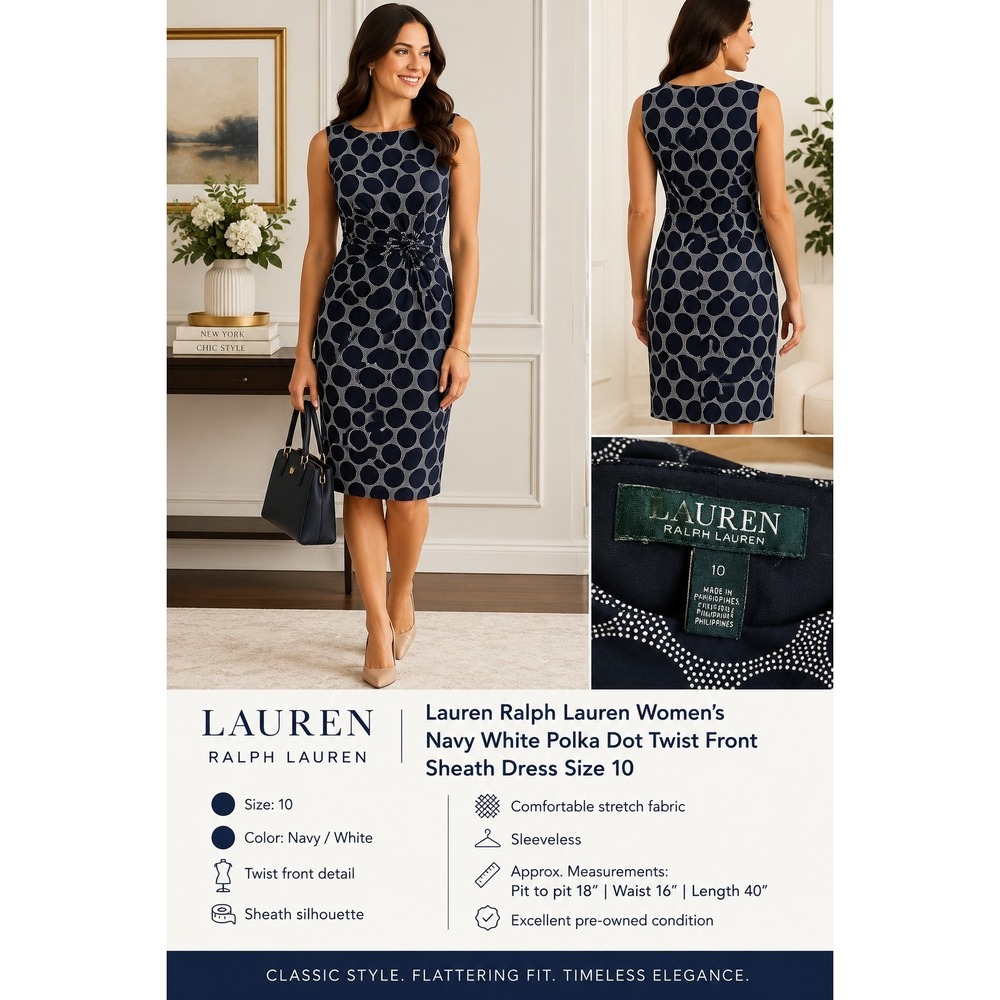 Lauren Ralph Lauren Women's Navy White Polka Dot Twist Front Midi Dress Size 10